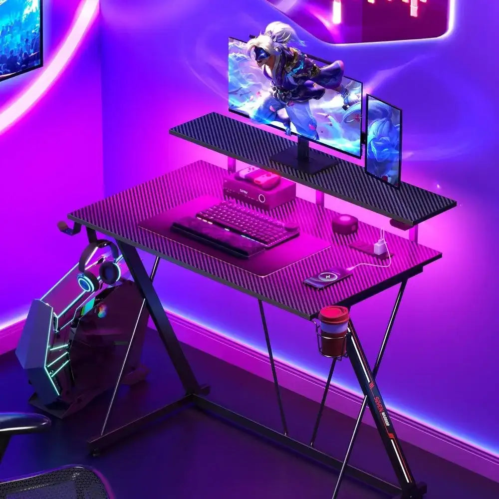 Gaming Desk with LED Lights & Built-in Power Outlets – Computer Desk with Monitor Shelf