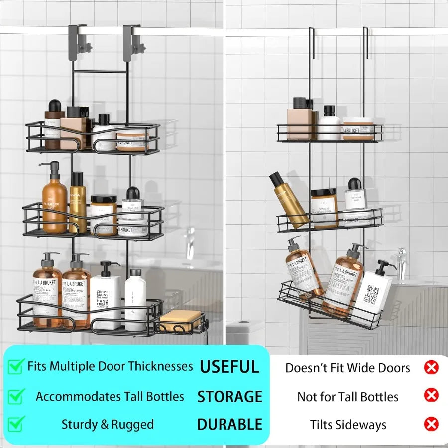 Over-the-Door 3-Tier Hanging Shower Caddy with Soap Holder & 4 Hooks – Rust-Proof Shelf for Bathroom Door