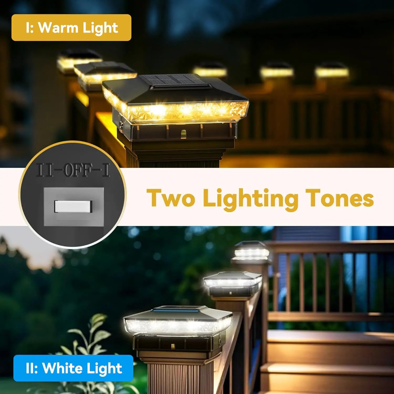 Solar Post Cap Lights (2-Pack) – Waterproof Outdoor Fence & Deck Lights | Fits 4x4 / 5x5 Wooden & Vinyl Posts | 10–12 Hours Runtime