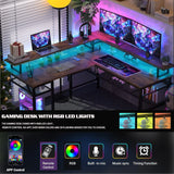 Modern L-Shaped Desk with LED Lights & Power Outlet – Reversible Corner Computer Table with Monitor Stand & Storage Shelf