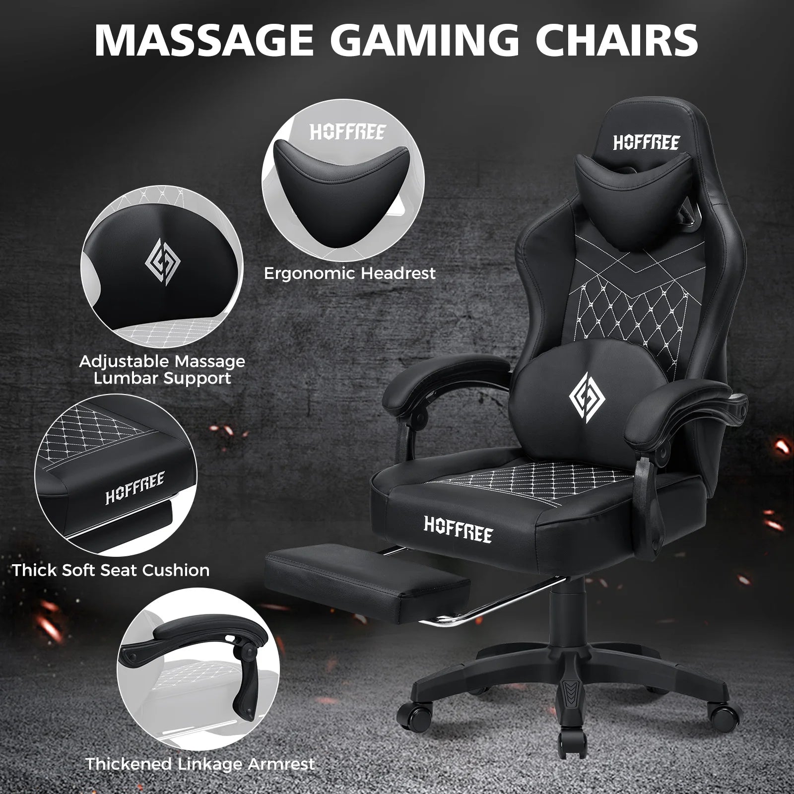 🎮 Ergonomic PU Leather Gaming Chair – Reclining Office Chair with Footrest, Adjustable Lumbar Cushion, Headrest & Massage Function