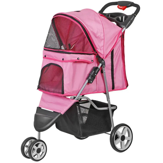 Foldable 3-Wheel Pet Stroller Cart for Dogs & Cats – Pink Cup-Holder Carrier