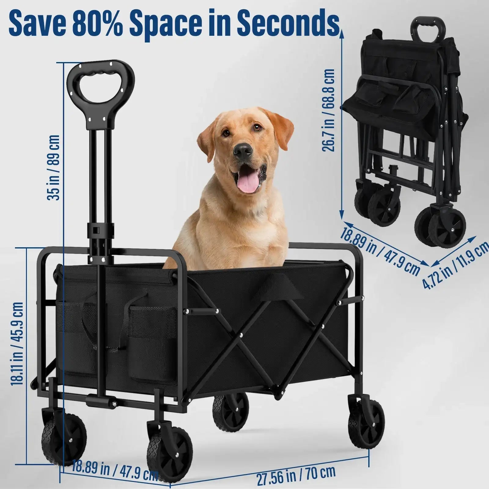 Garden Handcart with Four Foldable Wheels – Portable Cargo Transport Trolley, One-Hand Carry, Heavy-Duty Folding Utility Wagon for Outdoor & Home Use