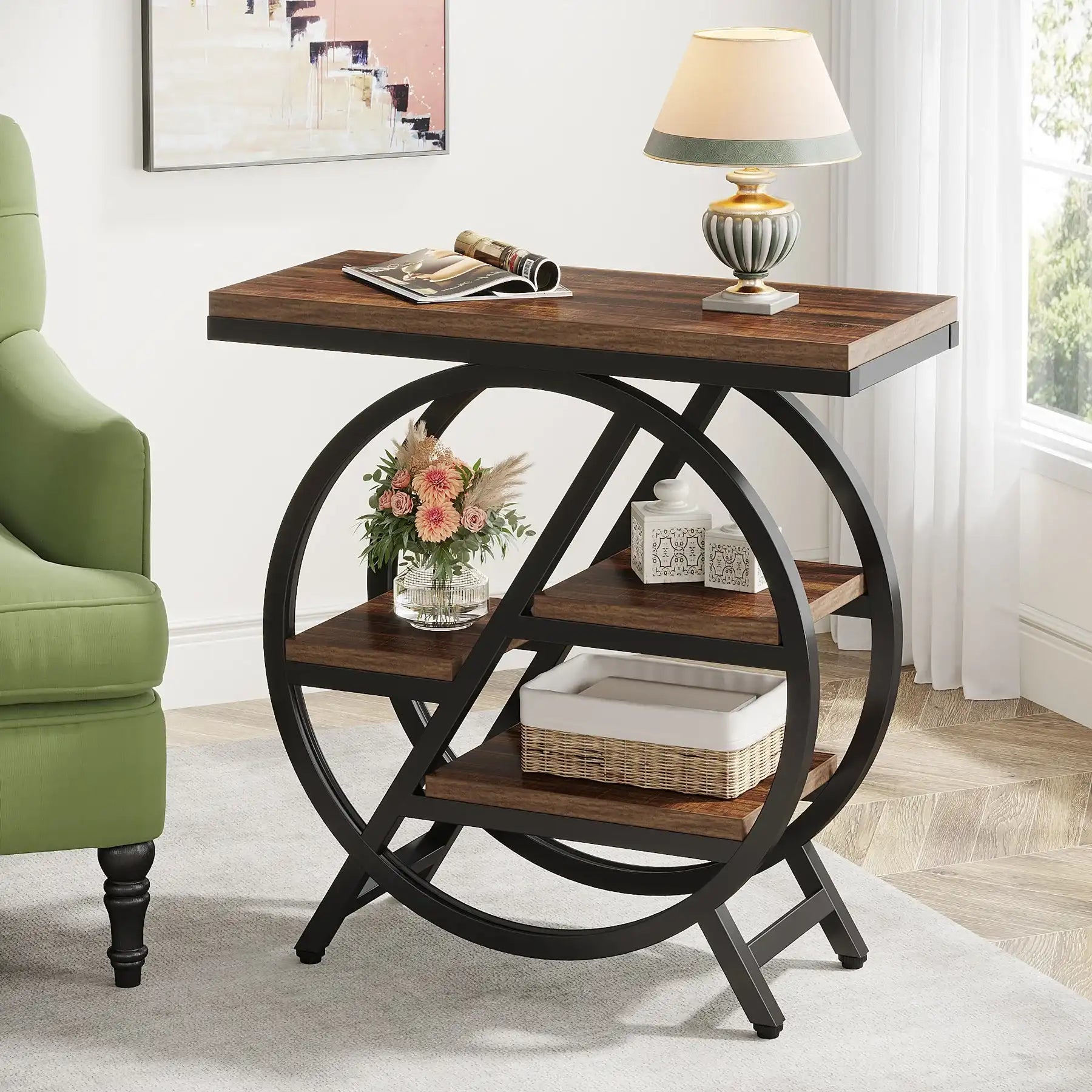 Tribesigns Narrow End Table with 3 Storage Shelves – Wooden Industrial Side Table for Sofa & Living Room