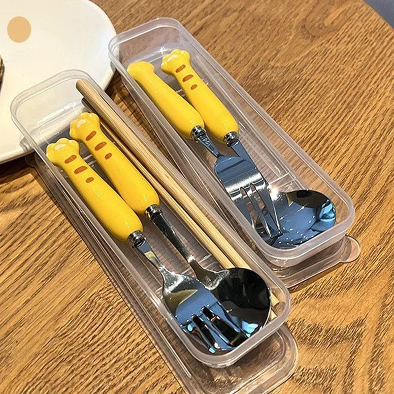 Cute Cartoon Animal Stainless Steel Spoon & Fork Set with Portable Box – Kids’ Outdoor Lunch Tableware