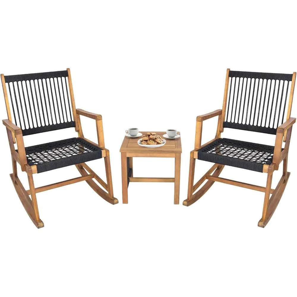 Acacia Wood Rocking Bistro Set – 3-Piece Outdoor Patio Conversation Set with Coffee Table | All-Weather Wooden Rocking Chairs