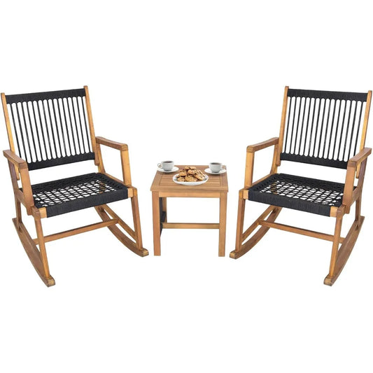 Acacia Wood Rocking Bistro Set – 3-Piece Outdoor Patio Conversation Set with Coffee Table | All-Weather Wooden Rocking Chairs