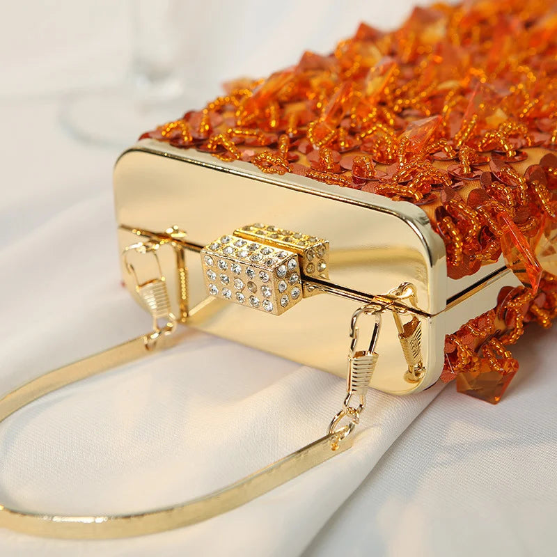 Women’s Luxury Rhinestone Clutch – Gold Party Evening Purse with Glass Crystals, Mini Square Handbag & Tassel Detailing