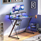Gaming Desk with LED Lights & Built-in Power Outlets – Computer Desk with Monitor Shelf