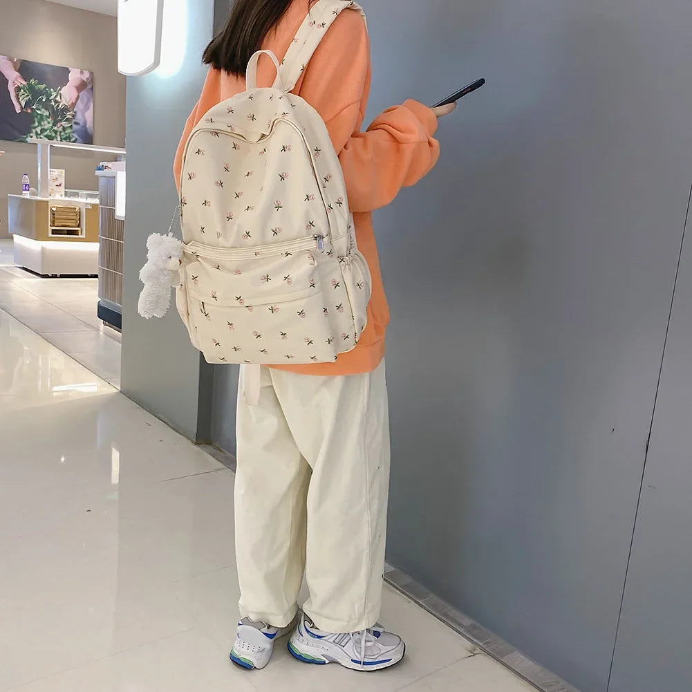 Floral Print Aesthetic Backpack with Pendant – College & School Bookbag for Students and Travel
