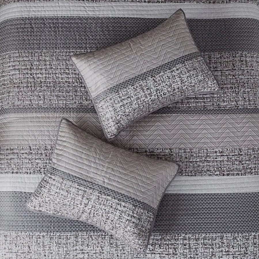6-Piece Reversible Jacquard Quilt Set with Throw Pillows – Grey & Taupe King/Cal King | Elegant Reversible Bedding Set for Modern Bedrooms