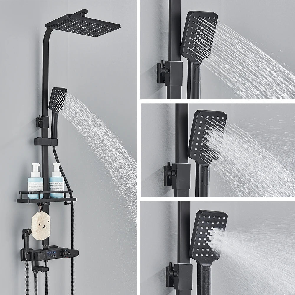 Digital Display Thermostatic Shower Mixer – Matte Black 4-Way Rainfall System with Shelf & Bidet Tap