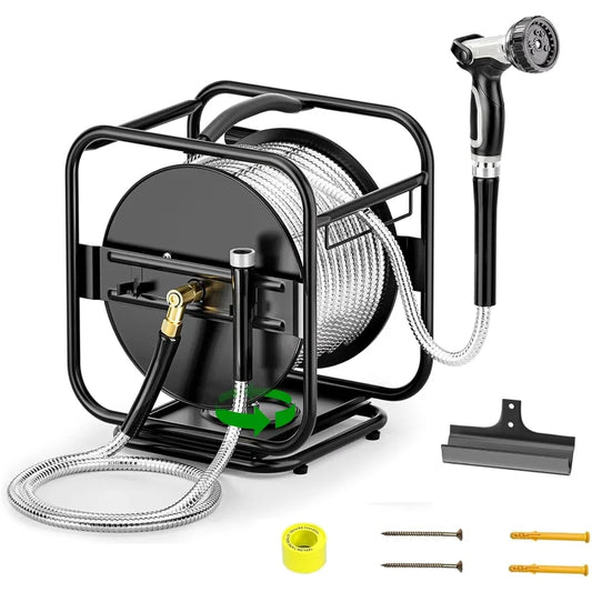 Heavy-Duty Metal Garden Hose Reel with 100FT 304 Stainless Steel Hose – Wall Mount & Floor Hose Spool with Aluminum Nozzle