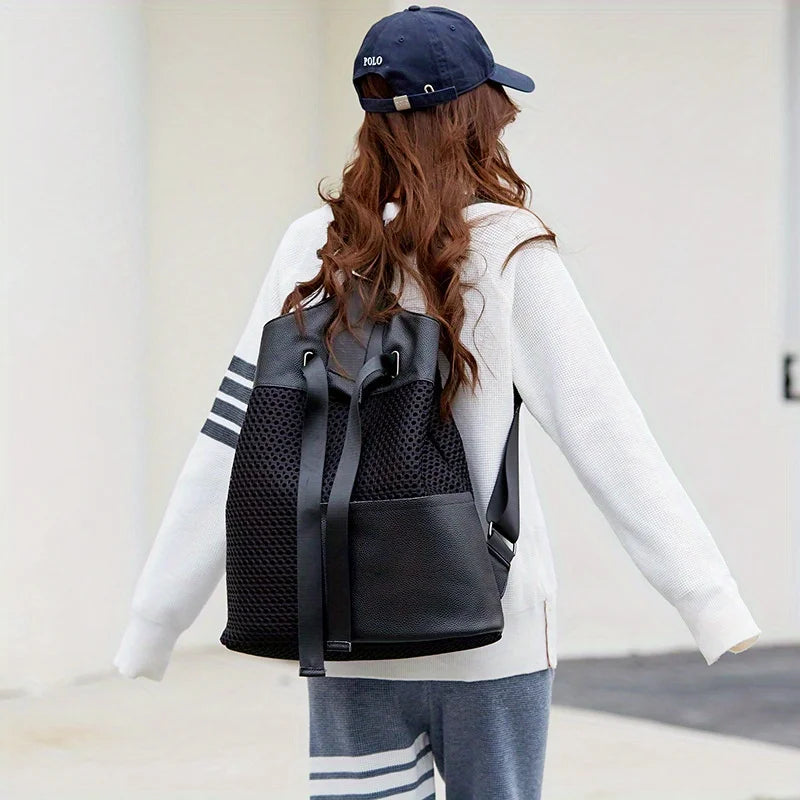 Retro Mesh Splicing Casual Backpack – Large Capacity Urban Shoulder Bag for Women