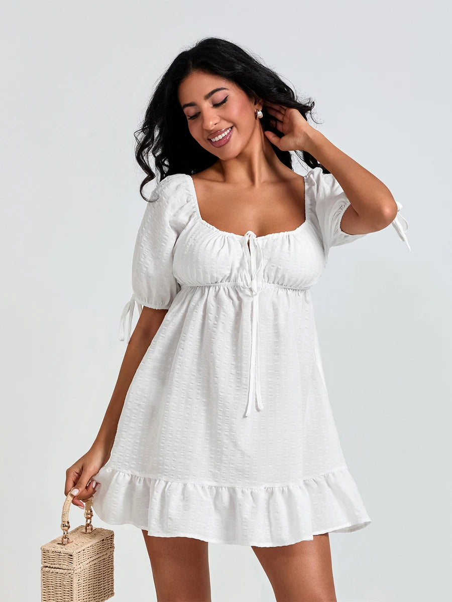 Maternity Plaid Dress – Short Pregnancy Outfit with Puff Sleeves, Sweetheart Neckline, Ruffled Hem & Loose Fit Design