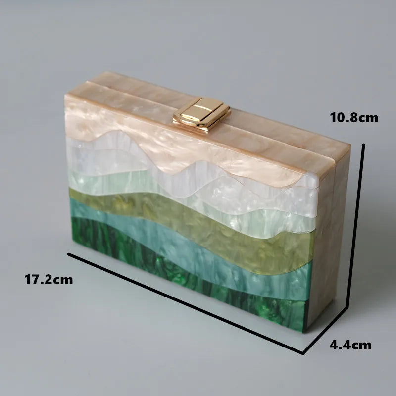 Women’s Striped Acrylic Box Clutch – Trendy Green & Beige Luxury Evening Purse, Casual Cute Handbag for Parties & Special Events