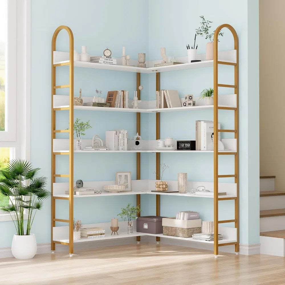 5-Tier L-Shaped Corner Bookcase – White & Gold Modern Display Shelf with Adjustable Feet & Anti-Tip Design