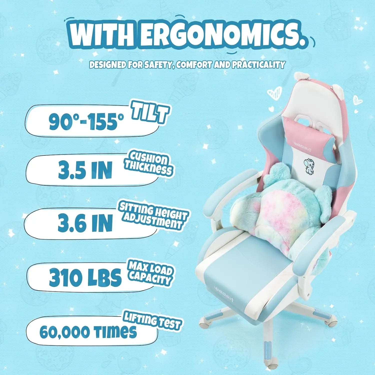 Cute Gaming Chair with Cushion & Decorated Ears – Ergonomic Reclining Computer Chair for Girls, Teens & Kids, Blue/Pink