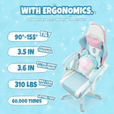 Cute Gaming Chair with Cushion & Decorated Ears – Ergonomic Reclining Computer Chair for Girls, Teens & Kids, Blue/Pink