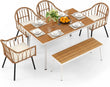 “6-Piece Outdoor Patio Dining Set – Wicker Table with 4 Chairs, Dining Bench & Umbrella Holes”