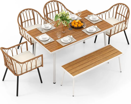 “6-Piece Outdoor Patio Dining Set – Wicker Table with 4 Chairs, Dining Bench & Umbrella Holes”
