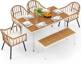 “6-Piece Outdoor Patio Dining Set – Wicker Table with 4 Chairs, Dining Bench & Umbrella Holes”