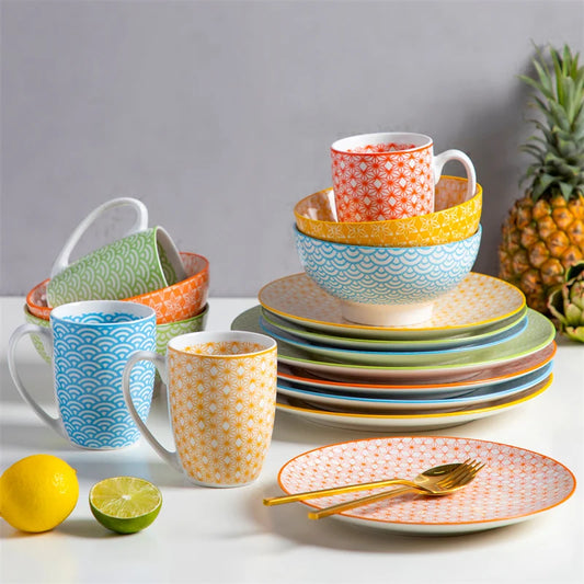 16-Piece Multi-Colour Japanese-Style Porcelain Dinnerware Set – Plates, Dessert Plates, Bowls & Mugs (Service for 4)