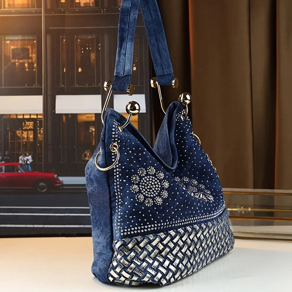 Large Capacity Woven Diamond-Embellished Tote Bag – Personalized Gradient Handbag for Women