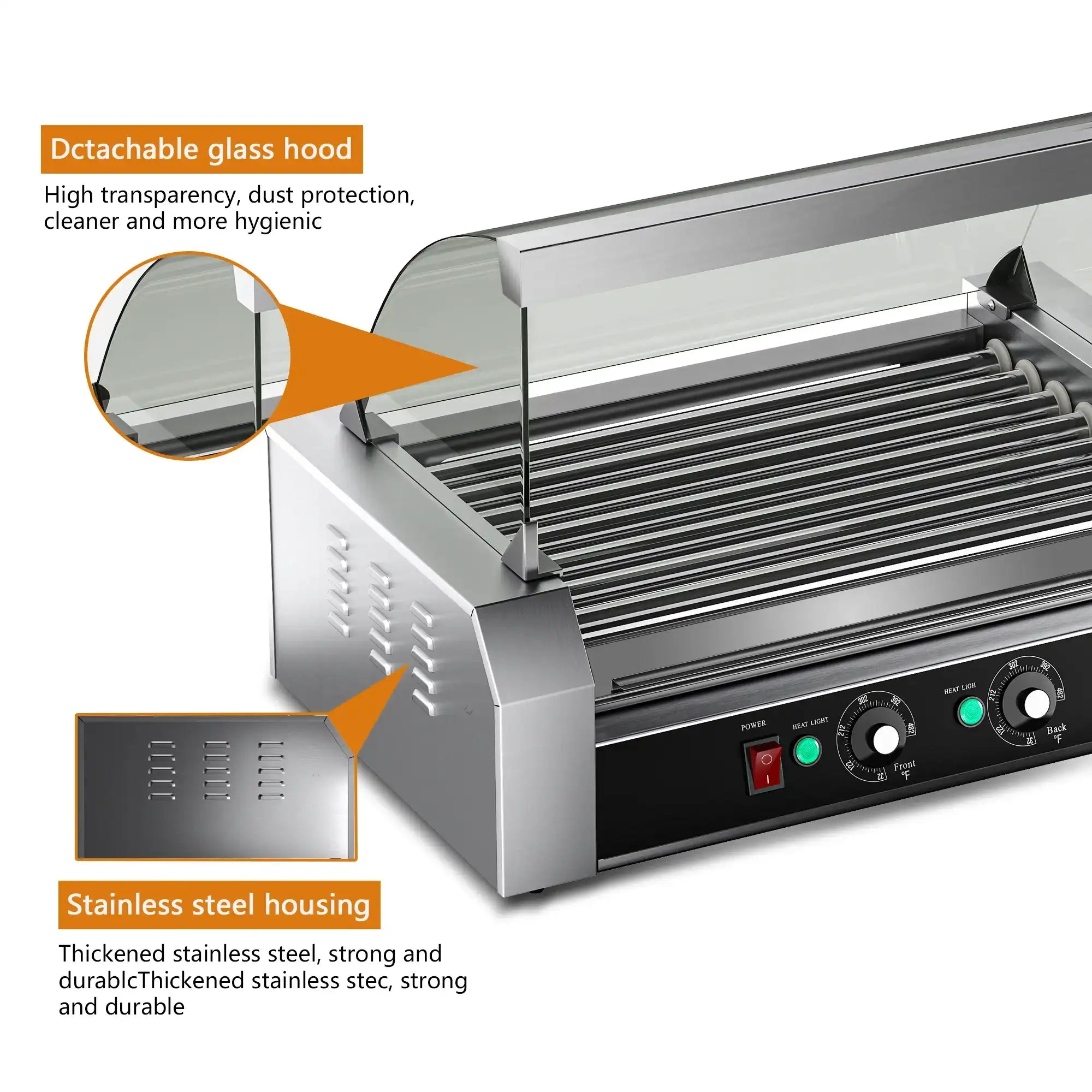 Commercial 18-Hot Dog Roller Grill – 7 Non-Stick Rollers, Dual Zone Control, 900 W, PFOA & PFAS Free