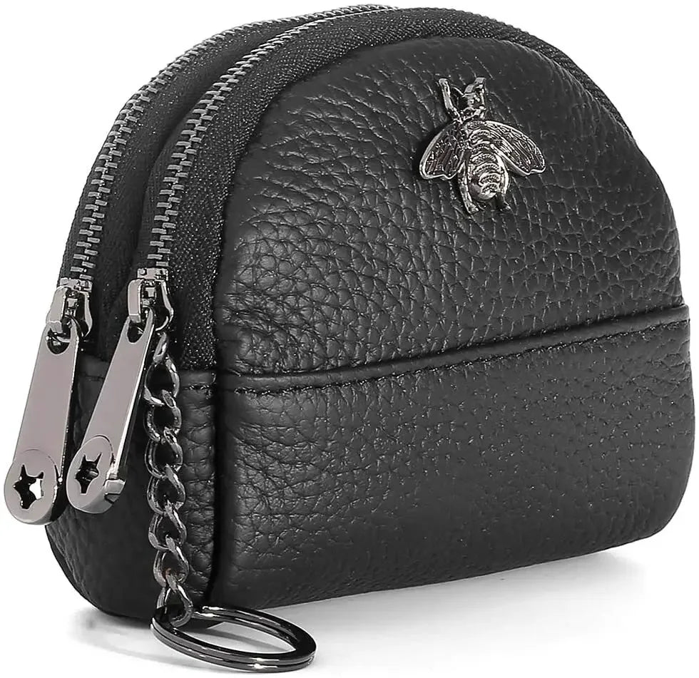 Cute Bee Decor Women’s Leather Coin Purse – Small 2-Zipper Wallet with Keychain Ring