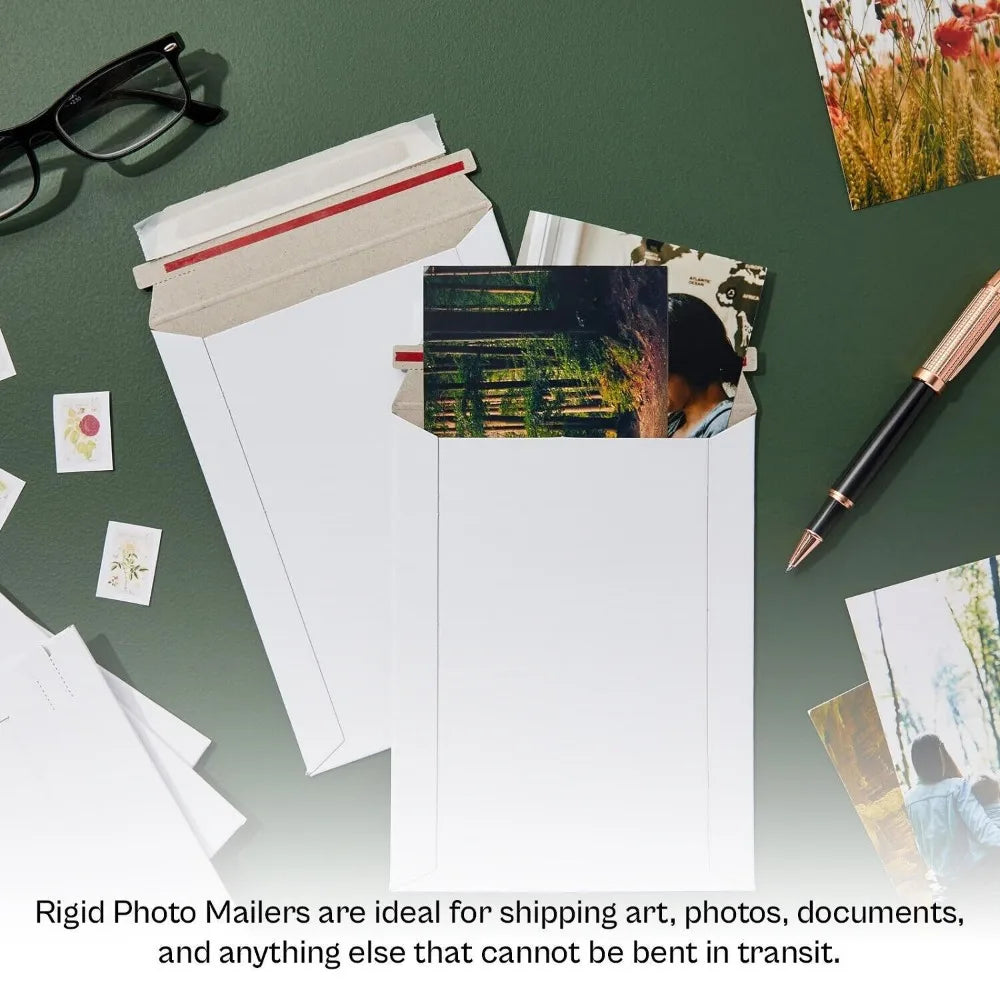 100 Pack Rigid Photo Mailers – 6″×8″ White Cardboard Flat Envelopes with Self-Seal for Documents & Prints