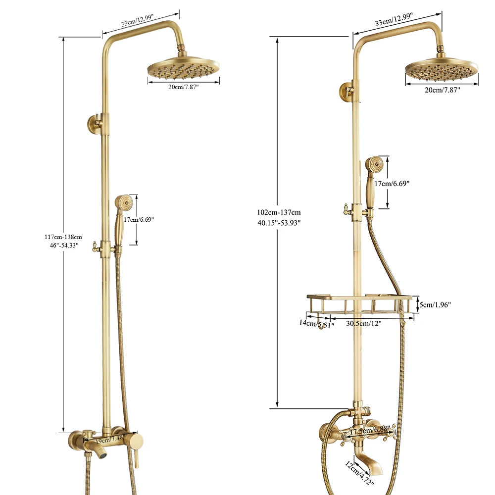 Antique Brass Shower Faucet Set – Wall-Mounted Rainfall Head with Dual Handles Hot & Cold Mixer Tap