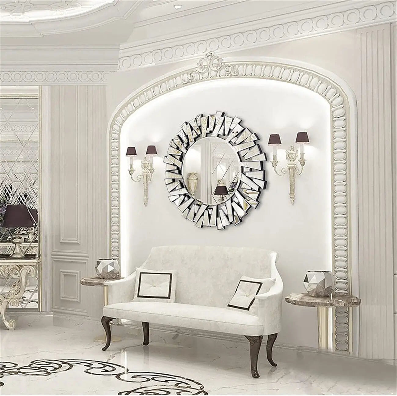 Luvodi Large Round Wall Mirror – Silver Starburst Design Decorative Mirror for Living Room, Dining Room & Bathroom Décor