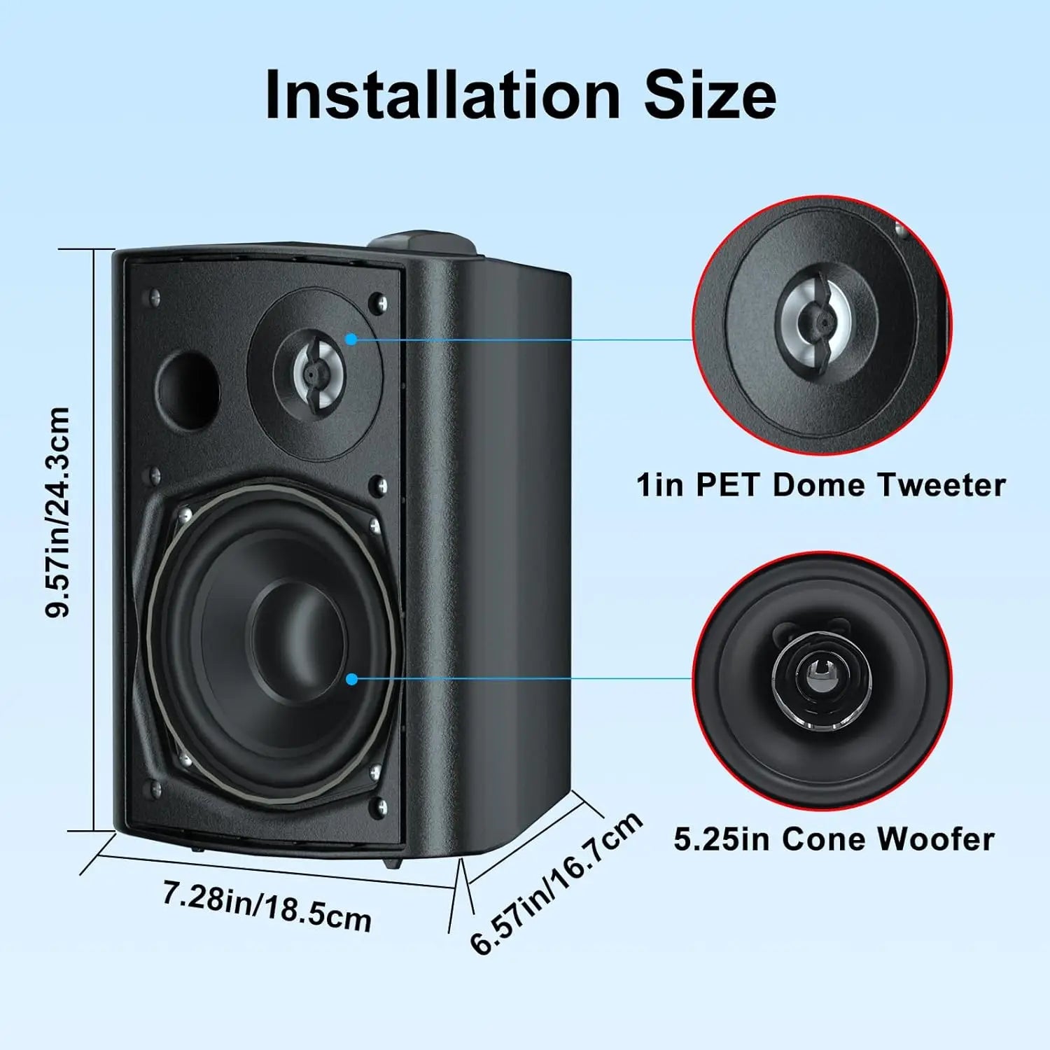 Herdio 5.25" 300W Waterproof Dual Speakers – Indoor & Outdoor Wall Mount Audio System for Home Theater, Garage & Living Room (Black)