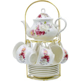 20-Piece Luxury Bone China Tea & Coffee Set with Gold Metal Rack – Elegant Gift & Home Party Ensemble