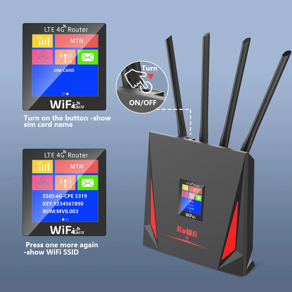 KuWFi 4G LTE Router CAT4 – 300Mbps WiFi Router & Modem with SIM Card Slot, RJ45 WAN/LAN & External Antenna (Supports 10 Users)