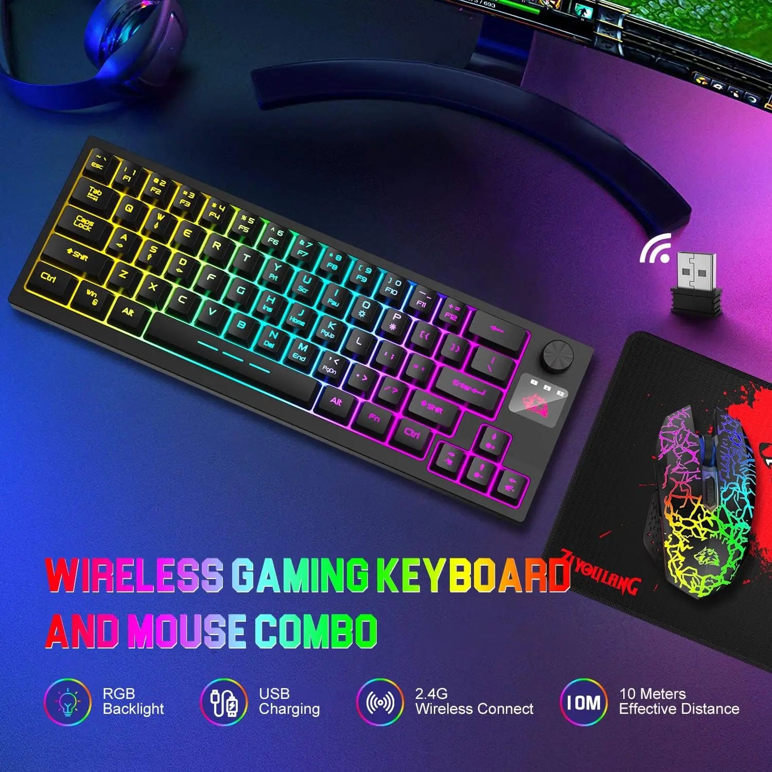 MambaSnake X Ziyou Lang Wireless Keyboard & Mouse Combo – Rechargeable 64-Key Compact RGB LED Backlit Set