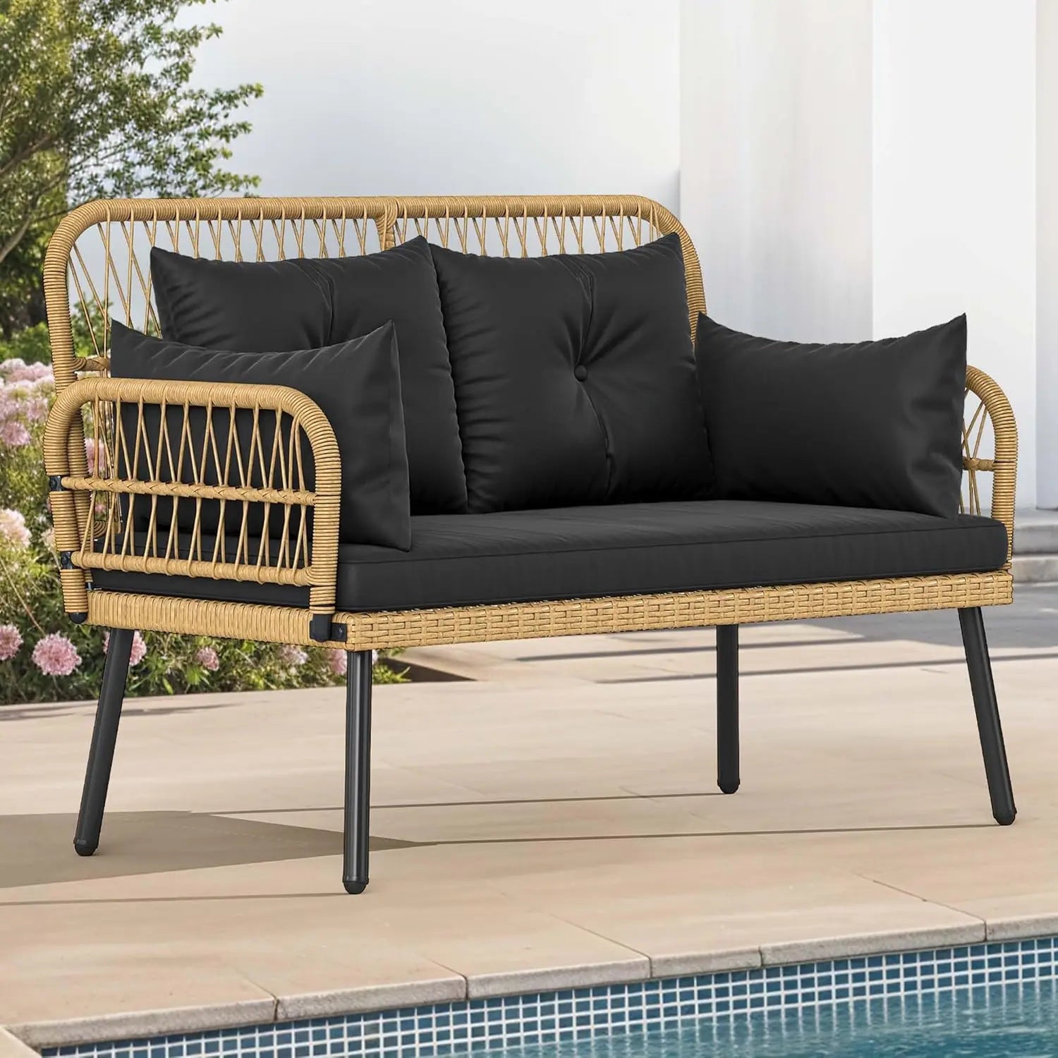 “Outdoor Loveseat Patio Wicker Furniture – Black Rattan Couch with Cushion & Adjustable Feet for Garden, Balcony & Porch”