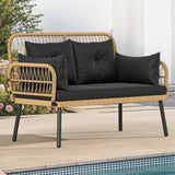 “Outdoor Loveseat Patio Wicker Furniture – Black Rattan Couch with Cushion & Adjustable Feet for Garden, Balcony & Porch”