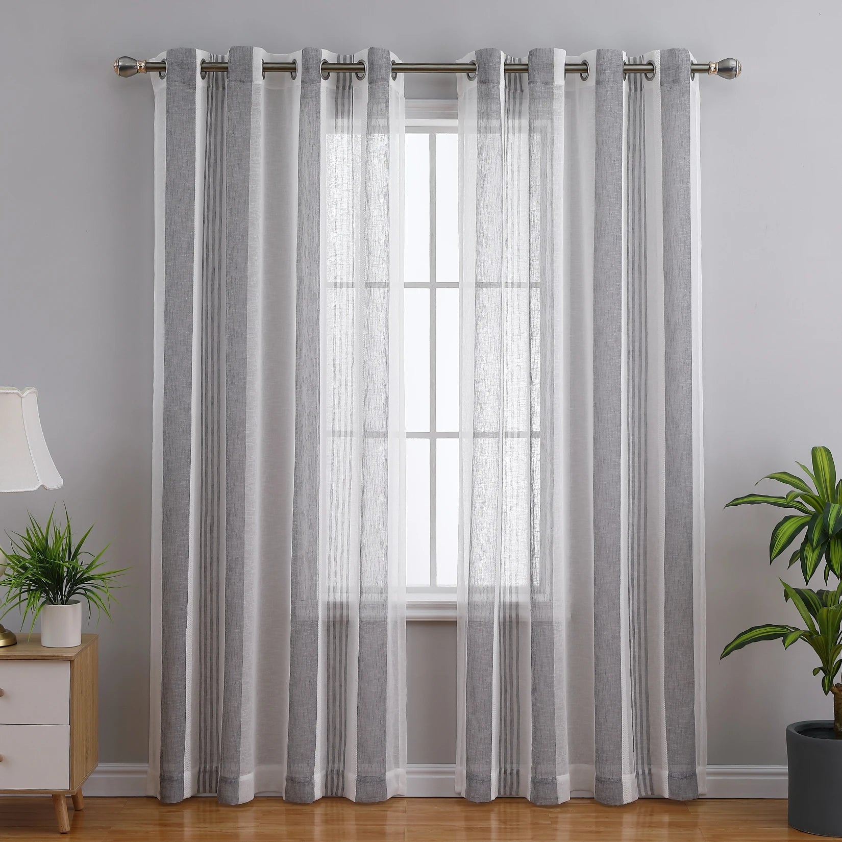 Sheer Voile Stripe Faux Linen Curtains – Grommet Top, 63 in Length, 2 Panel Set for Living Room/Bedroom/Bathroom
