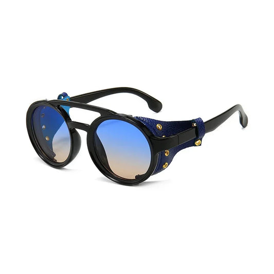 Steampunk Shield Sunglasses – Classic Round Retro Shades with Side Leather Panels & UV400 Protection (Unisex)