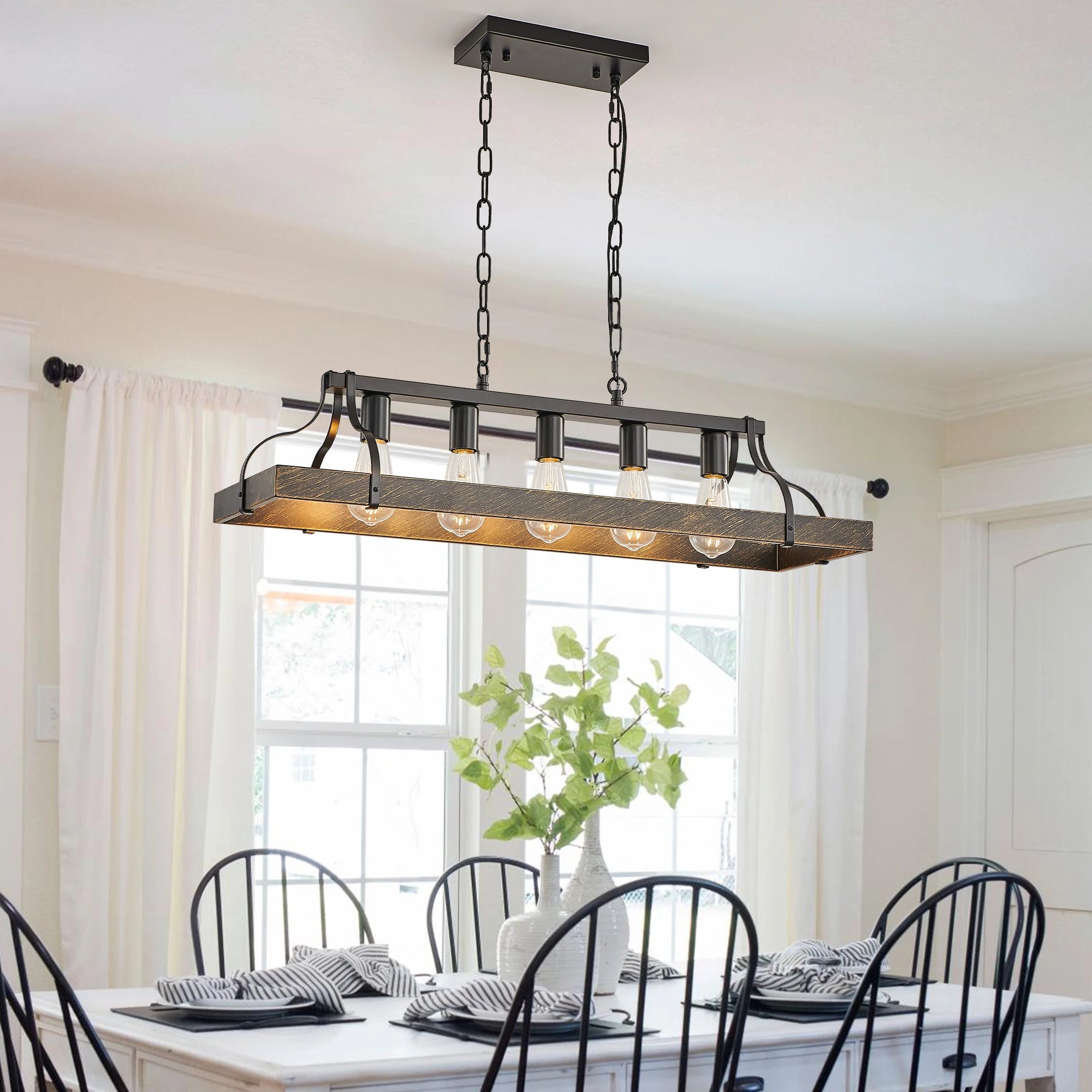 Black & Gold Vintage Pendant Chandelier with 5 Bulbs – Adjustable Height Industrial Hanging Light for Dining & Living Rooms
