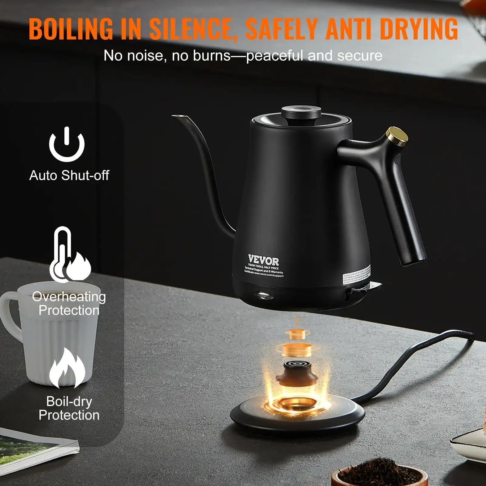 VEVOR 1 L Electric Gooseneck Kettle – 1200 W Fast-Heating Stainless Steel Pour-Over Coffee & Tea Kettle