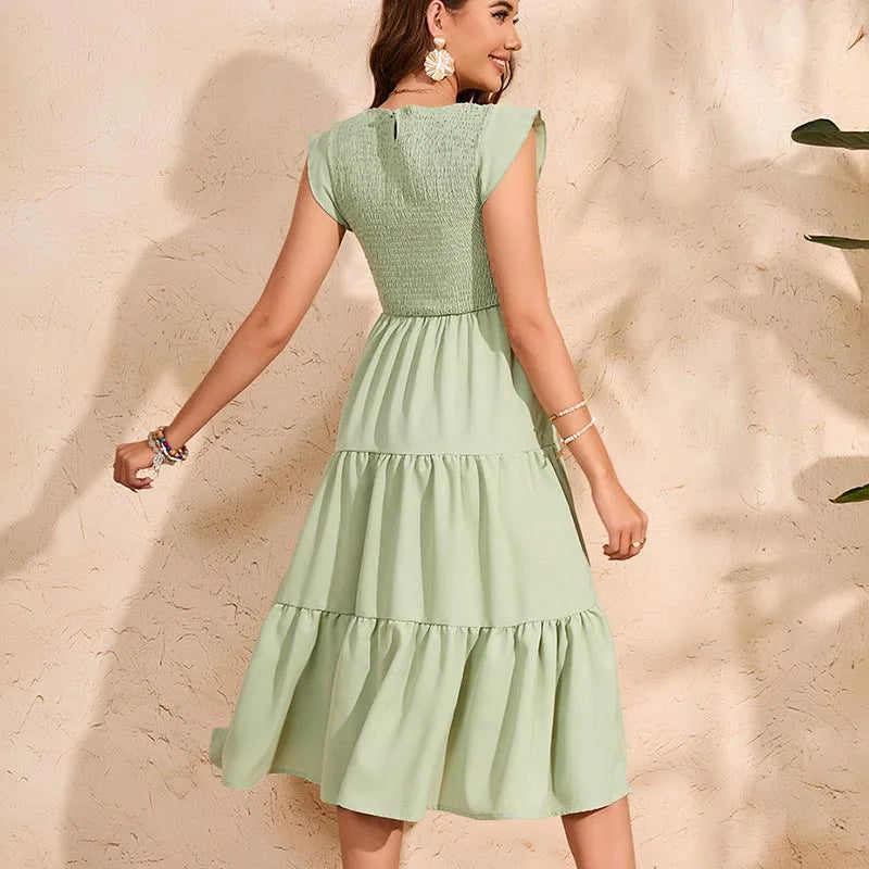 Women’s Summer Pleated Maternity Dress – O-Neck Chiffon Pregnancy Outfit with Flying Sleeves, Plus Size Available
