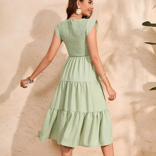 Women’s Summer Pleated Maternity Dress – O-Neck Chiffon Pregnancy Outfit with Flying Sleeves, Plus Size Available