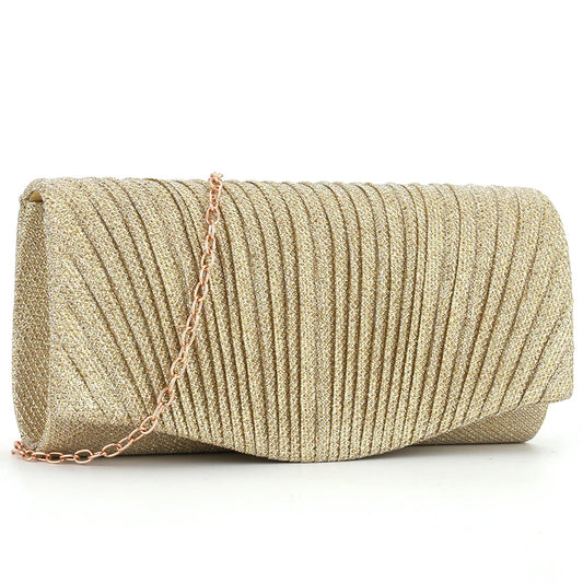 Women’s Fold Glitter Envelope Clutch – Shiny Silver Pleated Evening Bag with Chain Strap for Weddings & Parties