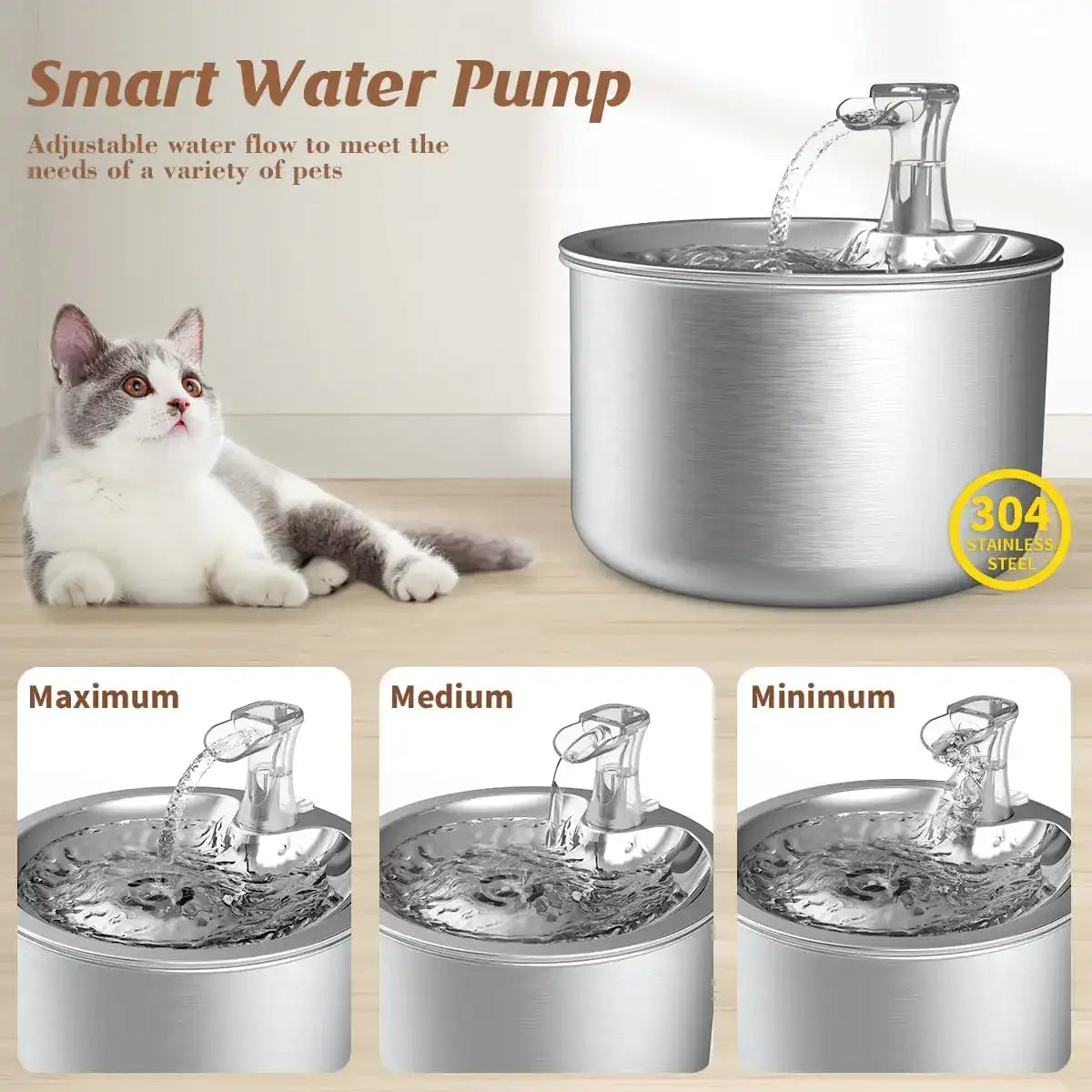 “2L Stainless Steel Pet Water Fountain – Automatic Cat & Dog Water Dispenser with Optional Sensor & Heater”