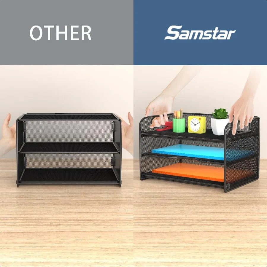 3-Tier Mesh Letter-Tray Paper Organizer with Handle – Black Desktop File Sorter
