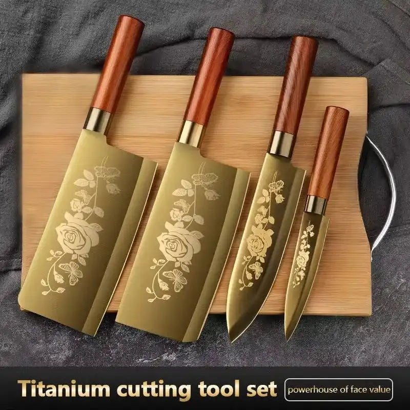 “Titanium-Coated 4-Piece Kitchen Knife Set – Sharp & Durable for Meat, Bones, Home or Commercial Use”