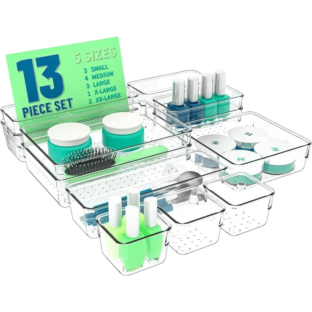 60-Piece Clear Plastic Drawer Organizer Tray Set – Multi-Size Storage Bins for Bathroom, Office & Cabinet